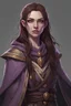 Placeholder: cahotic neutral charismatic Wood Elf Bard Female with pale skin and very sharp features, long brown hair, green eyes, wearing a purple vest and brown adventurer's cloak with a smug face. Lute on her back. Evil smirk.