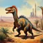 Placeholder: dystopian Dinotopia cyberpunk theme feathered dinosaur painted by Edgar Degas Lystrosaurus full color eating tough, drought-resistant plants that would have been common in the arid climate. desert background.