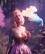 Placeholder: Ultra realistic wonderland photo, happy blonde woman smoking a shisha, blue dress, purple-cat friend, circus dress style, old school tattoo, smoke, marijuana garden, glow eyes, perfect iris, soft color, highly detailed, unreal engine 5, cinematic, ultra detail, volumetric lighting, high definition.