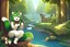 Placeholder: Girl, green hair, raccoon tail, raccoon paws in hand, raccoon paws in foot, forest, river, sit on tree, coat on neck, with tongue out, big tail, furry