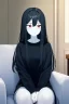 Placeholder: A portrait shot of an scared woman with long brown hair without bangs, red eyes, pale skin; wearing a long-sleeved black sweatshirt; sitting on a couch; modern living room setting during the day; semi-realistic anime style, intricate details