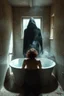 Placeholder: "A very old paints cracked abandoned bathroom , a woman taking a bath in a half full of water and fumes in the tub , a shadow of dark hooded creature standing in front of her and she is screaming and try to run awayinstantly detailed octane render trending on artstation, 8k artistic photography, photorealistic concept art, soft natural volumetric cinematic perfect light, chiaroscuro, award-winning photograph, masterpiece, oil on canvas, Raphael, Caravaggio, Greg Rutkowski, people, beksinski, G