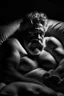 Placeholder: half figure shot photography, Sardinian shepherd man in dirty white boxer , relaxing on a sofa in darkness, 65 years old, bearded sweat chubby shirtless, manly chest, big belly, bulge, hands over the head, photorealistic, in the dark, midnight, dim side light, 35mm lens, dim lights, ambient occlusion