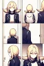 Placeholder: blonde girl with two tails in her hair and a jacket runs in a corridor, back view, line arts, manga style