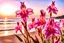 Placeholder: pink or parma gladiolus, blooming tree in the background, seaside, gold light effects colors, highly detailed, high contrast, 8k, high definition, realistic, concept art, sharp focus