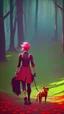 Placeholder: bright colorful with young girl walking in woods, lots of red flowers, with a yellow dog