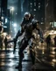 Placeholder: full image street photography art Predator movie character, figure,weapons, run on night city street