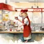 Placeholder: anthropomorphic hamster barista wearing a red apron and do-rag working behind a counter of a 50's diner serving coffee to old man, artistic, nostalgic, by Pascal Campion and Stevan Dohanos and Norman Rockwell, dramatic, impressionist painting, watercolor with medium brush strokes, technically perfect, dynamic