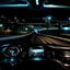 Placeholder: night time, a car dashboard lighting up, a dark road in the windscreen, with a beautiful city in the distance