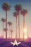 Placeholder: 1980's aesthetic vaporwave palm trees with lighting with shiny chrome triangle in the desert sand