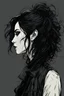 Placeholder: create a side profile, shoulder to heads, comic book style of a dark haired, savage, dressed in black casual clothing, messy hair, goth girl