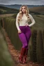 Placeholder: beautiful 18 year old girl with ash blonde hair and blue eyes with her curvy hair down, wearing a long-sleeved woollen top, and lilac long leggings, with long red boots full body shot