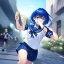 Placeholder: Clear focus,High resolution, Vibrant short blue hair, Vibrant blue eyes, Wearing a sailor uniform, Running with toast in her mouth