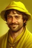 Placeholder: A man in his early fourties, innocent round face, short brown beard, brown eyes, tricone hat, curly brown hair in a ponytail, warm smile, brown skin, in a yellow robe, realistic epic fantasy style
