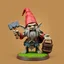 Placeholder: low poly, ai as gnome troll miniature model half painted arms outstretched holding battle hammer offering gift, bucket shield background