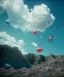 Placeholder: Ultra realistic thriller sky scene, medium shot view, portrait, Childs free jumping flying with trinkets, smile, happy, Wes Anderson style, inflatable color clothing, extreme, wind, clouds sea, 20,000 feet altitude, stratosphere, soft color, highly detailed, unreal engine 5, ray tracing, RTX, lumen lighting, ultra detail, volumetric lighting, 3d, finely drawn, high definition, high resolution.