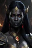 Placeholder: dnd character art of a dark black drow sorceress. high resolution cgi, 4k, pointed ears, dark-charcoal-black skin, long black hair, golden tattoos, red irises, black sclera, long golden eyebrows, unreal engine 6, high detail, cinematic.