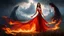 Placeholder: A beautiful woman stands in the center of a dreamlike, surreal landscape. She wears a flowing, revealing red dress that clings like liquid fire to her form, catching the light as though woven from silk and flame. Half of her body is bathed in a warm, golden glow, while the other half is cloaked in deep, living shadows that move and curl around her like sentient smoke. Her expression is unreadable—serene, yet tinged with danger—as if she exists between temptation and mystery. Behind her, the sky