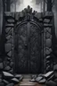 Placeholder: A huge wall made of granite black stones with a huge gate and giant open wooden doors in the forest dark material, surrealist, elementals, intricate background, masterpiece, octane rendered, art station, thin line draw style
