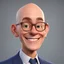 Placeholder: a portrait of smiling wise western man. 40 years old. caricature. gray short hair. light skin. wide forehead bald forehead. big nose. light brown eye pupils. elips eyeglasses, thin silver frame. oblong face shape. wear navy blue formal dress. pixar style. 3D. 4k. portrait. highly detailed. sharp focus. high resolution. full color. cinema lighting. with food background