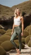 Placeholder: woman in satin yoga leggins, standing towards camera, face towards camera, total body, photographed by rankin, surfer hair, good shape, background white, medium length wavy bob haircut