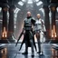 Placeholder: a bold and heroic bald male Corellian pilot in black and grey First Order special forces gear meets a female Jedi Master in ancient, mystical temple, hyperdetailed, dynamic lighting, hyperdetailed background, 8k resolution, volumetric lighting, light skin, fully symmetric details