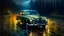 Placeholder: Vehículos reinterpretados en estilos pictóricos famosos: Pintura impresionista de un coche detenido bajo lluvia ligera donde la luz se descompone en manchas vibrantes sobre el metal húmedo