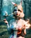 Placeholder: Ultra realistic wonderland photo, happy blonde Alice smoking a pipe, blue dress, white rabbit pet, circus dress style, old school tattoo, smoke, marijuana garden, glow eyes, perfect iris, soft color, highly detailed, unreal engine 5, ray tracing, RTX, lumen lighting, ultra detail, volumetric lighting, high definition.