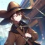 Placeholder: Clear focus, High resolution, short brown spiky hair, hair between eyes, eyes closed, wearing a brown detective hat, wearing a brown jacket and a black shirt, wearing black shorts, 1girl, pulling at down, smiling