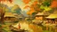 Placeholder: Impressionistic painting of a floating village on a river, featuring several houseboats clustered together, each with unique makeshift structures on top, under a large tree with orange and yellow foliage, with two people in the scene, one wearing a conical hat and working on one of the boats, and another standing on a wooden pier in the distance, all set against a vibrant orange and purple sky, with visible brushstrokes and a warm color palette.