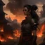 Placeholder: a beautiful dark haired tiefling woman, dressed in a sleeveless battle outfit, watching the burning ruins of a medieval town