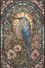 Placeholder: stained glass window design of an overwhelmingly bird framed with vector flowers, long shiny, wavy flowing hair, polished, ultra-detailed vector floral illustration mixed with hyper realism, muted pastel colours, vector floral details in the background, muted colours, hyper-detailed ultra intricate overwhelming realism in a detailed complex scene with magical fantasy atmosphere, no signature, no watermark