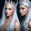 Placeholder: Ice Princess with white hair, a crown with precious stones, bright background