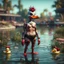 Placeholder: punk duck devil pimp with bitches in bathing suit in pond, in the style of a fallout 4,bokeh like f/0.8, tilt-shift lens 8k, high detail, smooth render, down-light, unreal engine, prize winning