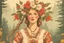 Placeholder: Vintage poster of a beautiful Slavic woman’s face in traditional slavic costume, flower crown, dancing in the forest