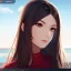 Placeholder: red long haired woman, casual clotting, realistic, HD4k, watery cloud background, close up shot,