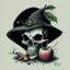 Placeholder: drawing of a Skull with a Witch hat, Skull has ghost eyes and is eating from a poison apple.