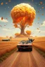 Placeholder: a nuclear explosion mushroom cloud that looks like a autumn tree full of leaves, leaves falling everywhere. bottom 2/3 is a curved dirt road through a wheat field, a wind is blowing away from the tree. a commercial building is in the field on the left, large at bottom on the road is a 1971 Camaro convertible with 2 oversized animated racoons inside, the racoon on viewers left has hands up in celebration