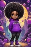 Placeholder: Create an colorful urban comic book illustration of a chibi cartoon black female thick curvy wearing a cut of purple hoodie and black jeans and timberland boots. Prominent make up with long lashes and hazel eyes. Highly detailed shiny black curly afro hair. Background of a large bubbles all around her