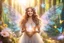 Placeholder: A beauty Fairy women with long Brown hairy,Crystal wings and sweety smile and cosmica suite.She has a magic light in the hands.the background Is a magic coloured Fairy foreste, with a kot of flowers, sweety animal in a Sunny day