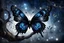 Placeholder: a dark gothic butterfly with stunning black velvet wings landing on an old tree's dry branch, around silver glitters, mystic mood, dark blue night, pale light, masterpeace illustration