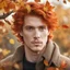 Placeholder: Autumn, fall man. Beautiful young man with red hair and autumn leaves in her hair