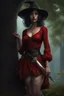 Placeholder: A young dark-haired witch in a red low-cut short skirt, standing under a tree, with a sword on her hip, glowing ball in her hand, photorealistic, delicate detail.