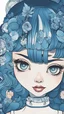 Placeholder: singer Melanie Martinez face, beautiful cyberpunk huge girl, hyperdetailed, illustration by Katsushika Hokusai, darkblue tones,