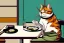 Placeholder: A cat is sitting on a table eating sushi. Manga style. Perfect iris. Paws