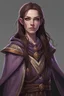 Placeholder: cahotic neutral charismatic Wood Elf Bard Female with pale skin and very sharp features, long brown hair, green eyes, wearing a purple vest and brown adventurer's cloak with a smug face. Lute on her back.