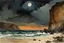 Placeholder: Night, rocks, cliffs, sci-fi, distant mountains, sea, waves, sand, seashore, epic, fantasy, winslow homer watercolor paintings