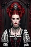Placeholder: A portrait of gothic countess, she is young and beautiful, malicious intent in her facial expression,her black and white dress is immaculately styled and detailed,her jewelry is red,her hair is long and styled in a complex pattern, the portrait is hanging on a wall, frame is made of dark wood in immaculate gothic style,8K resolution , highly detailed, cinematic lighting, realistic skin