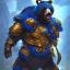 Placeholder: An angry bear warrior in blue and gold armor, background of Inka jungle, high detail, smooth, realistic, digital illustration, Artstation, artgerm,