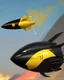 Placeholder: The has a black head with a yellow dot and rides on top of a rocket flying in the sky
